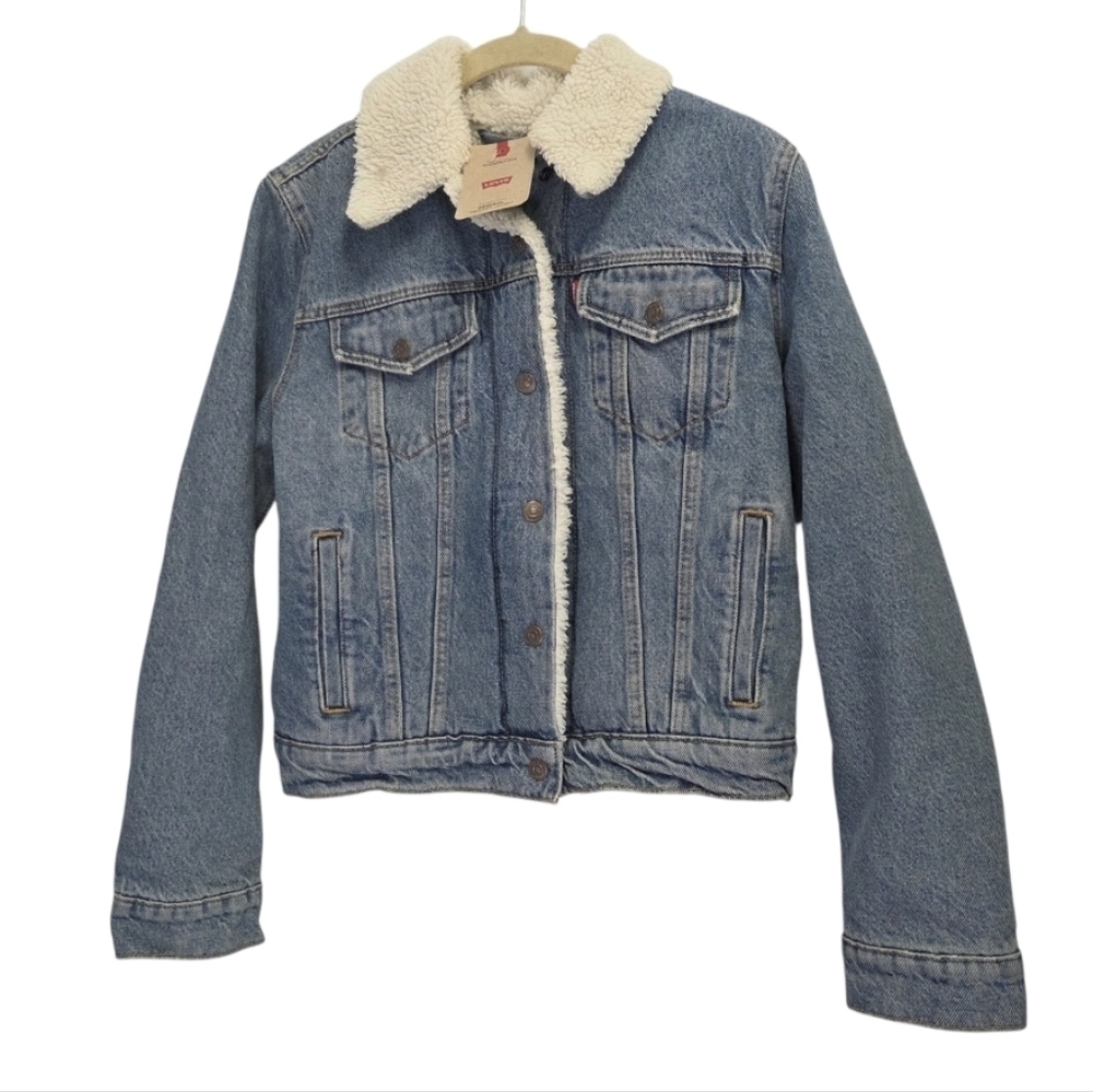 Levi's Original Sherpa Trucker Jacket Blue Denim Jean Coat Women's Size Small - Picture 2 of 14